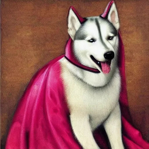 Image similar to derpy siberian husky dog princess in pink gown, medieval painting