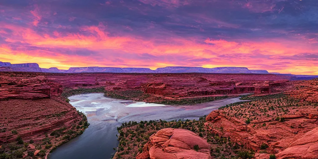 Image similar to “a river bend running through a canyon surrounded by desert mountains at sunset, moab, utah, a tilt shift photo by Frederic Church, trending on unsplash, hudson river school, photo taken with provia, national geographic photo”