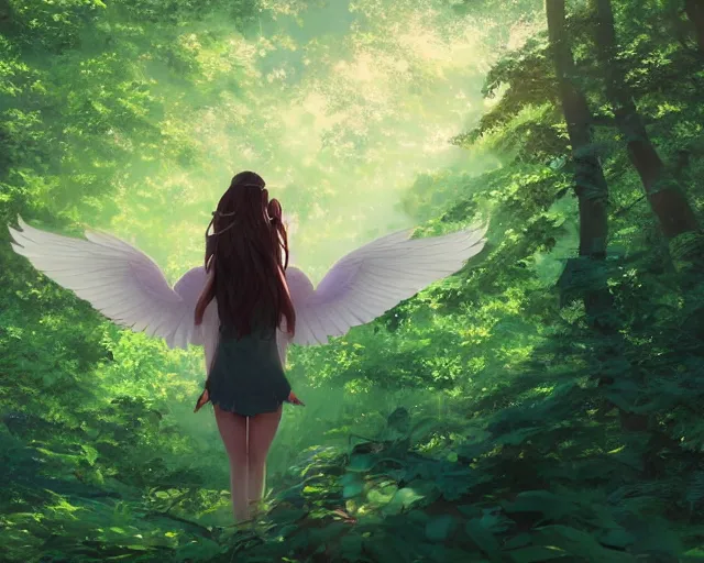 Prompt: a girl that has wings on her back hovering in a forest, green foliage, sunlit, wide, trees, matte painting, digital illustration, very vibrant colors, soft lighting, adventurous, atmospheric lighting, 8K, octane render. By Makoto Shinkai, Stanley Artgerm Lau, WLOP, Rossdraws, James Jean, Andrei Riabovitchev, Marc Simonetti, krenz cushart, Sakimichan, D&D trending on ArtStation, digital art.