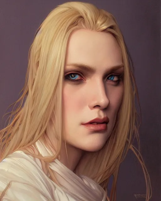 Image similar to portrait of a blonde vampire, dark, piercing eyes, gentle expression, elegant clothing, photorealistic, highly detailed, artstation, smooth, sharp focus, art by michael whelan, artgerm, greg rutkowski and alphonse mucha