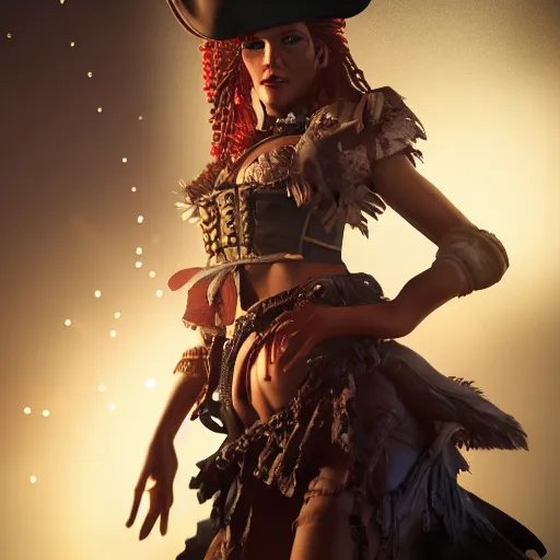 Image similar to full body pose, hyperrealistic photograph of a pirate woman, dim volumetric lighting, 8 k, octane beautifully detailed render, extremely hyper detailed, intricate, epic composition, cinematic lighting, masterpiece, trending on artstation, very very detailed, stunning, hdr, smooth, sharp focus, high resolution, award, winning photo, dslr, 5 0 mm