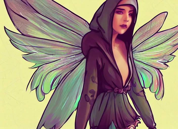 Image similar to a fairy with big wings wearing a hoodie, street fashion outfit, haute couture fashion shoot, fairy, d & d, fantasy sticker illustration, artstation