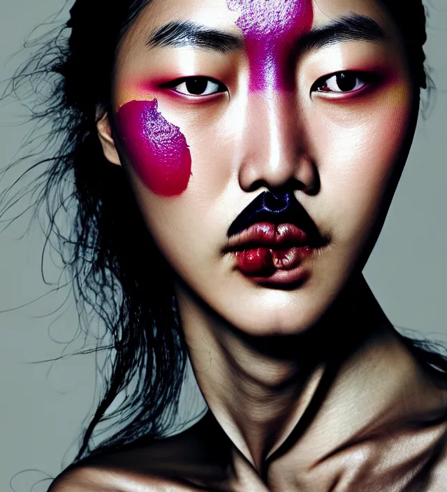 Image similar to photography facial portrait of liu wen, natural background, natural pose, wearing stunning cape by iris van herpen, with a colorfull makeup. highly detailed, skin grain detail, photography by paolo roversi, nick knight, helmut newton, avedon, araki