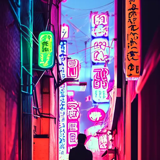 Prompt: Looking down a neon sign lit alleyway in Neo-Tokyo with many neon signs and izakayas, two Japanese businessmen standing against a wall talking to each other, one streetlight, cyberpunk, trending on artstation and behance, by Beeple