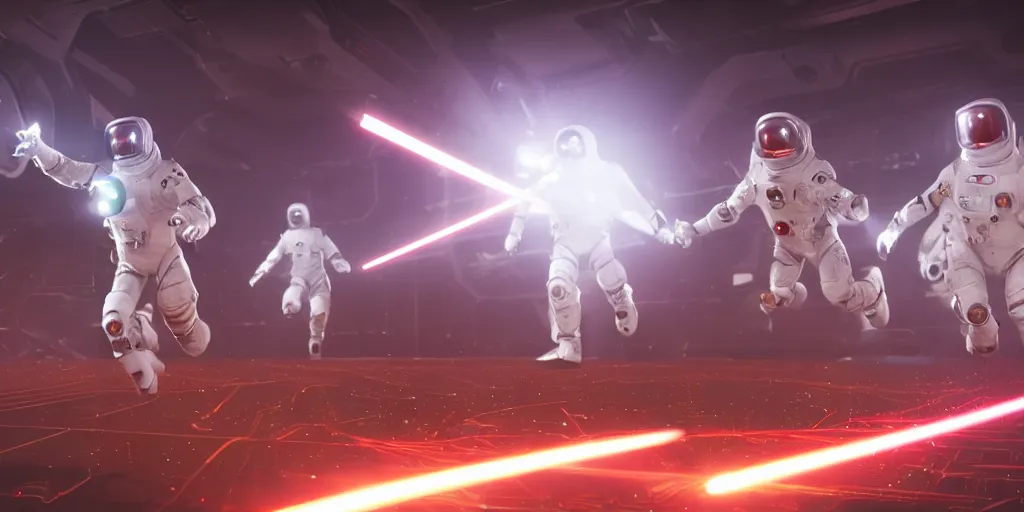 Image similar to futuristic spacemen firing lasers in zero gravity, skintight suits, floating, bright white light, floating white obstacles, surrounded by a laser grid, unreal engine, lensflares, low perspective