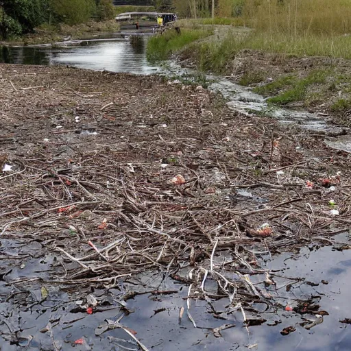 Image similar to odra river filled with blood and bodies of dead fauna in decay, high quality, informative press report photo 1 / 8 f