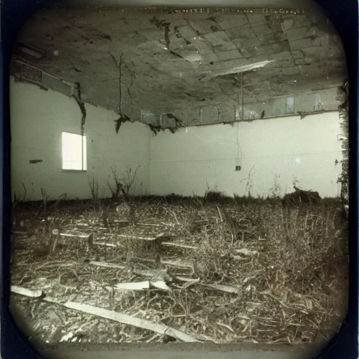 Prompt: creepy religious cult in abandoned warehouse, 1990s Polaroid photo, scary