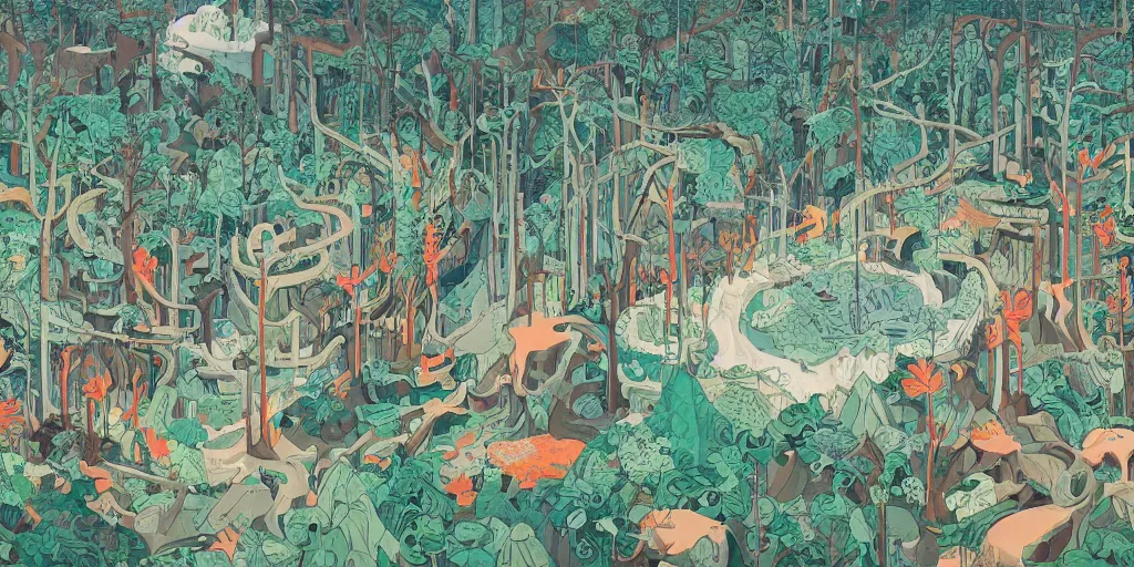 Image similar to painted forest landscape in the year 2020 with a single small brutalism monument in the center by james jean