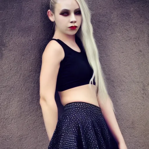 Image similar to teen goth girl in mini skirt and crop top, intricate, extremely detailed, modeling photography, teen
