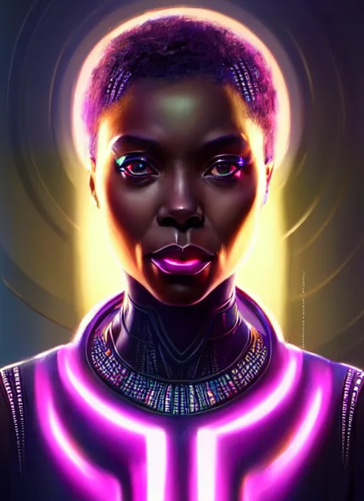 Image similar to portrait of female wakanda humanoid, very intricate, elegant, cyber neon lights, highly detailed, digital illustration, trending in artstation, trending in pinterest, glamor pose, concept art, smooth, sharp focus, art by artgerm and greg rutkowski