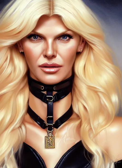 Image similar to portrait of blonde victoria silvstedt as a sultry lady, collar and leash, leather, greek, intricate, headshot, victoria silvstedt face, highly detailed, digital painting, artstation, concept art, sharp focus, cinematic lighting, illustration, art by artgerm and greg rutkowski, alphonse mucha, cgsociety