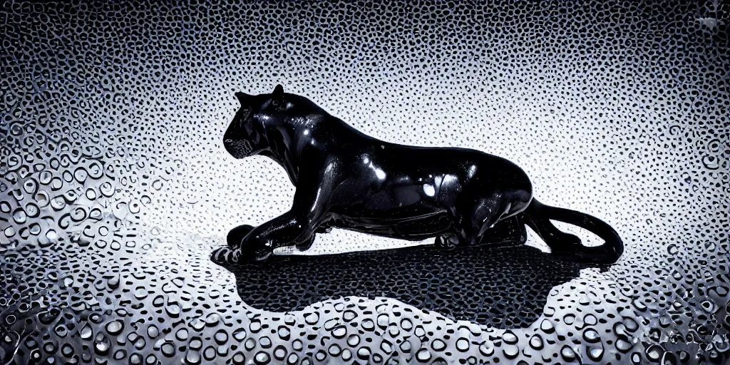 Prompt: the smooth black jaguar, made of ferrofluid, laying on the couch in the living room, covered with ferrofluid. photography, dslr, rimlight, wrinkles, reflections, black goo