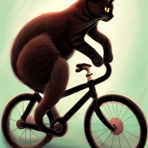 Image similar to head and shoulders masterpiece portrait of cute cat riding a bicycle, surreal background, digital art by Krenz Cushart, trending on artstation