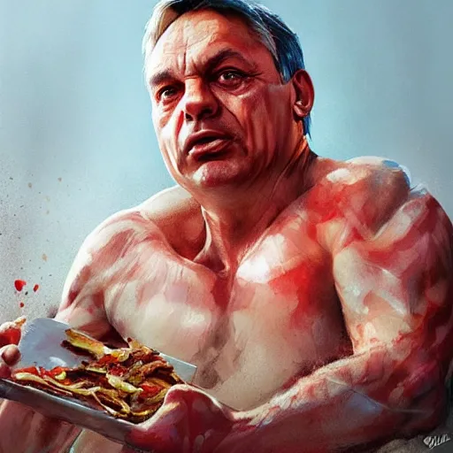 Prompt: viktor orban with detailed eyes, sitting on a large pile of bacon by greg rutkowski