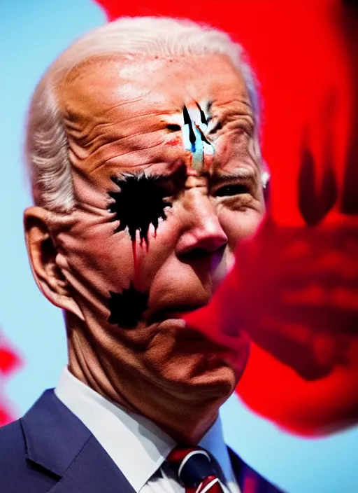 Image similar to hyper realistic ultra realistic horror terror dimensional photo furious glowing red eyes biden, high quality photo, detailed , 8k