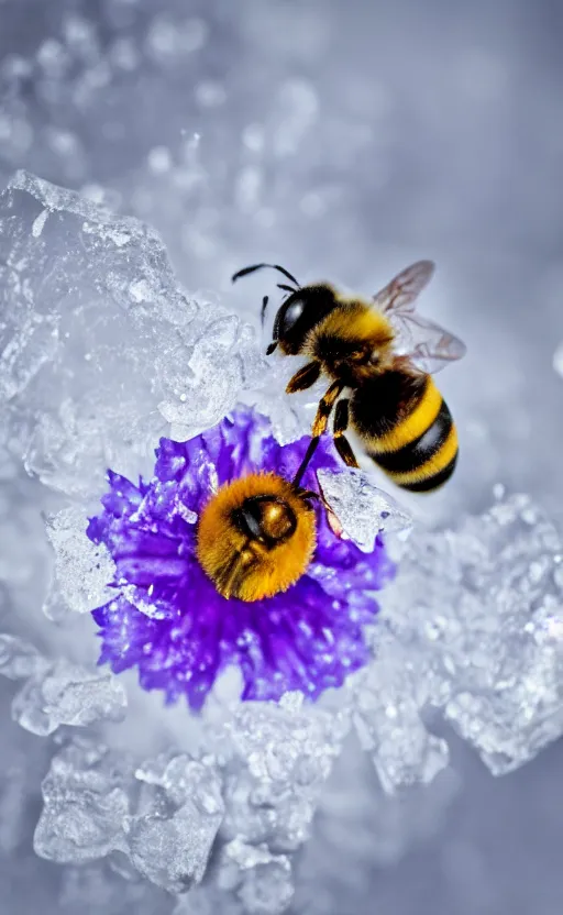 Image similar to a bee finding a beautiful flower, both entrapped in ice, only snow in the background, beautiful macro photography, ambient light