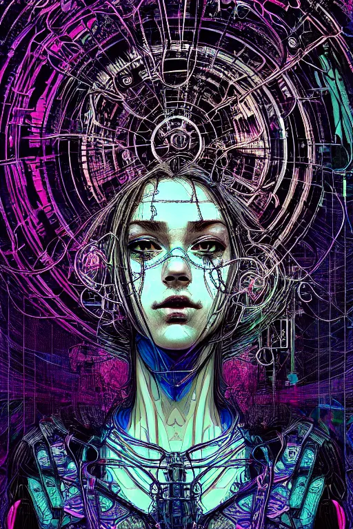 Image similar to dreamy cyberpunk girl, abstract mirrors, digital nodes, beautiful woman, detailed acrylic, grunge, intricate complexity, by dan mumford and by alberto giacometti, arthur rackham