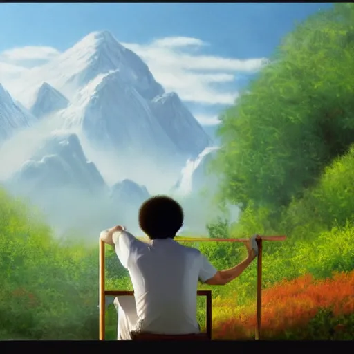 Image similar to a closeup photorealistic photograph of bob ross working on a canvas painting of mickey mouse. film still. brightly lit scene. mountains and trees. this 4 k hd image is trending on artstation, featured on behance, well - rendered, extra crisp, features intricate detail, epic composition and the style of unreal engine.