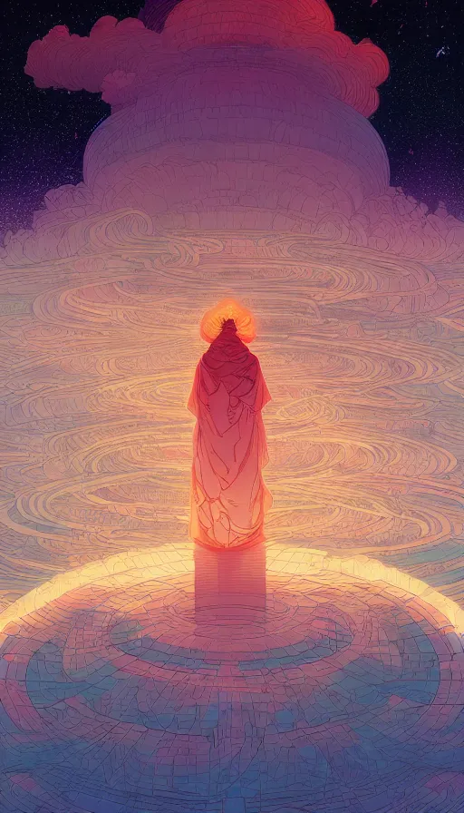 Prompt: the ancient oracle of the luminous lantern spirits on cosmic cloudscape, futurism, dan mumford, victo ngai