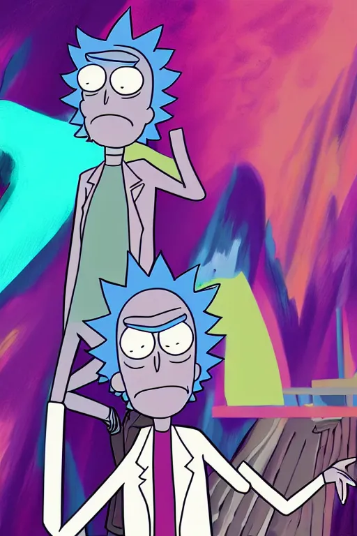 Image similar to portrait concept art painting of alternate reality rick and morty, toon shading, cel shading, smooth, calm, tranquil, vaporwave colors,