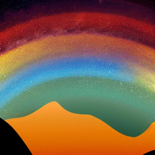 Image similar to fantasy world zoomed out mountains silhouette in the dark rainbow sky, 8 k, hd