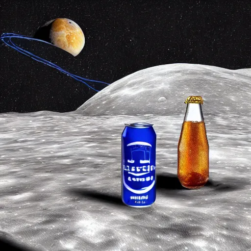 Prompt: an electric guitar and a beer can on the moon. very detailed. hyper realistic