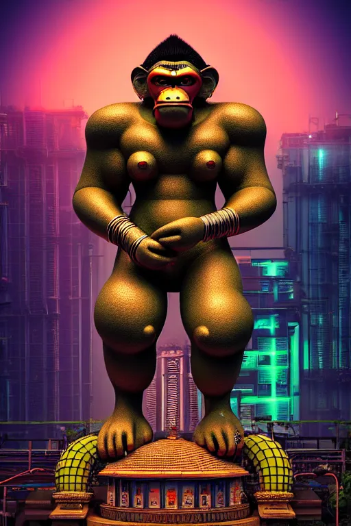 Prompt: high quality 3 d render neo - rococo cyberpunk hanuman! head building, neon madhubani, highly detailed, in sci - fi mumbai, cinematic smooth unreal engine, lee madgwick & liam wong, dramatic light, low angle, uhd 8 k, sharp focus