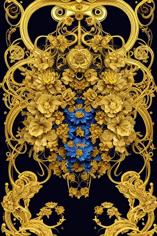 Prompt: beautiful black blue yellow, complicated gold and blue flowers in baroque style decoration, dark fantasy, intricate, elegant, highly detailed, digital painting, artstation, concept art, matte, 3 d 8 k octane rendered, sharp focus, illustration, octane rendered, art by artgerm and alphonse mucha, leesha hannigan