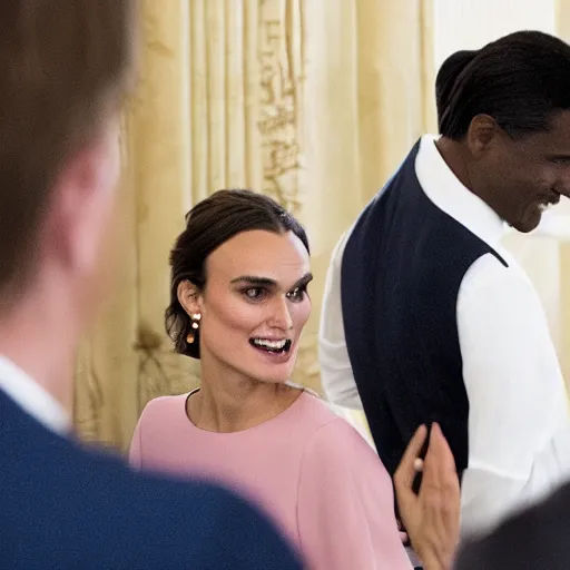 Image similar to portrait photo of president kiera knightley, photo by pete souza, sony 8 5 mm f / 1. 4