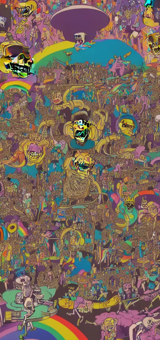 Image similar to epic mural of grizzly bear skeletons dancing, rainbow tubing, hieronymus bosch, victor moscoso, owsley, r crumb, clean outlines, shusei nagaoka, kaws, james jean, octane render