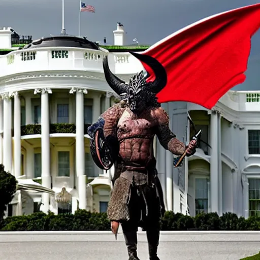 Image similar to a viking holding the head of donald trump riding a dragon flying, over the white house