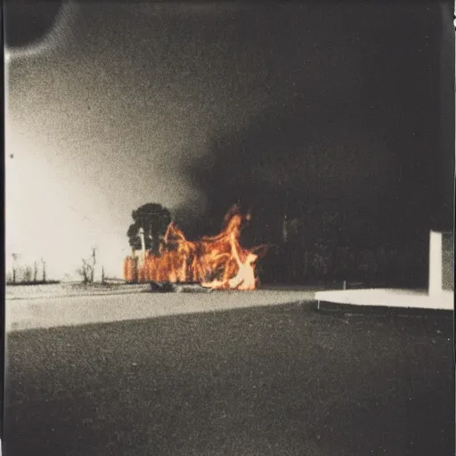 Prompt: a dark polaroid shot with a fire on an empty parking