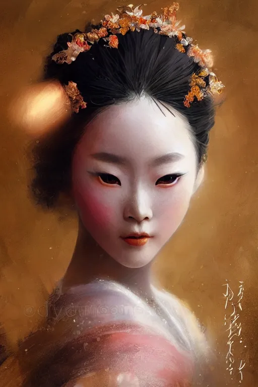 Image similar to geisha prima ballerina, gorgeous, ethereal, close - up portrait, intricate, elegant, volumetric lighting, scenery, digital painting, highly detailed, tutu, artstation, sharp focus, illustration, concept art, ruan jia, steve mccurry