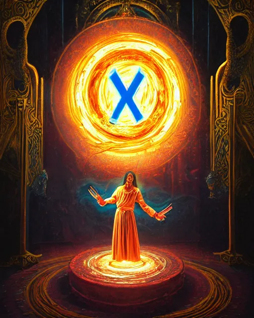 Image similar to enamel painting of mage reciting an incantation and standing on glowing circular runes in the middle of dark room, high production value, intricate details, high resolution, hyperrealistic, hdr, high definition, masterpiece, ultra realistic, highly detailed, hd, sharp focus, non blurry, sharp, smooth