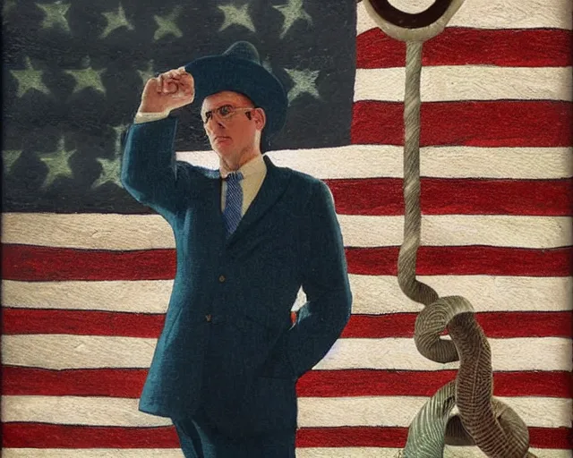 Image similar to incredibly spangly snake oil salesman wearing a purple and green stars and stripes suit, patriotic, painting by Grant Wood, 3D rendering by Beeple