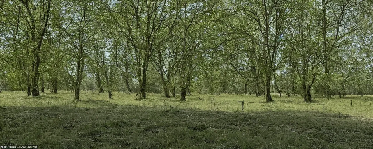 Prompt: at the dam there was a field, with a path running through it, and the sky was a pale blue with no clouds, and the trees stood silent in their verdure