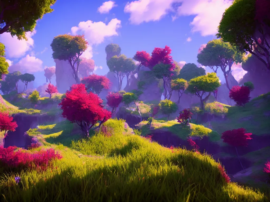 Image similar to beautiful colorful fantasy landscape, rtx, unreal engine 5, cryengine, render