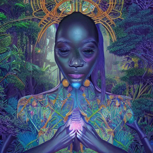 Prompt: symmetry!!, corpse of an african moon goddes deep inside a temple overgrown with vegetation, by casey weldon and chie yoshii, global illumination, radiant light, god rays, bokeh, digital illustration, cg society, unreal engine 5, ray tracing