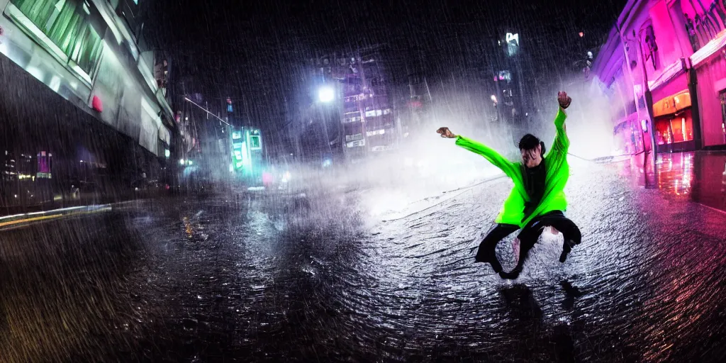 Prompt: fisheye lens slow motion with trail effect of futuristic break dancer wearing floating long dress with neon lights, long exposure shot , at night in the middle of a rainy wet street, paddle of water, steam, fog, water splashes, rim lights, glossy reflections, water droplets on lens, octane render, dark and dramatic, fire explosions in the background, detailed and soft, fisheye lens, smooth, sharp focus, illustration, art by artgerm and greg rutkowski and Annie Leibovitz, graphic glitches, vogue, editorial fashion photography