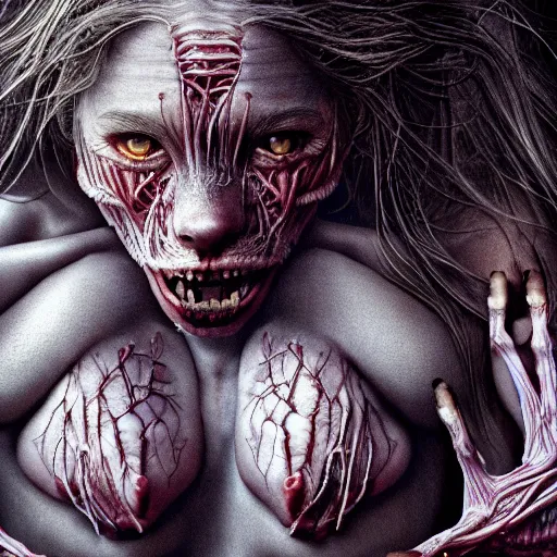 Prompt: female werewolf with translucent skin, visible muscles and veins and arteries and bones and spine and nerves, beautiful detailed intricate insanely detailed octane render, 8K artistic photography, photorealistic, chiaroscuro, by David Cronenberg, Raphael, Caravaggio