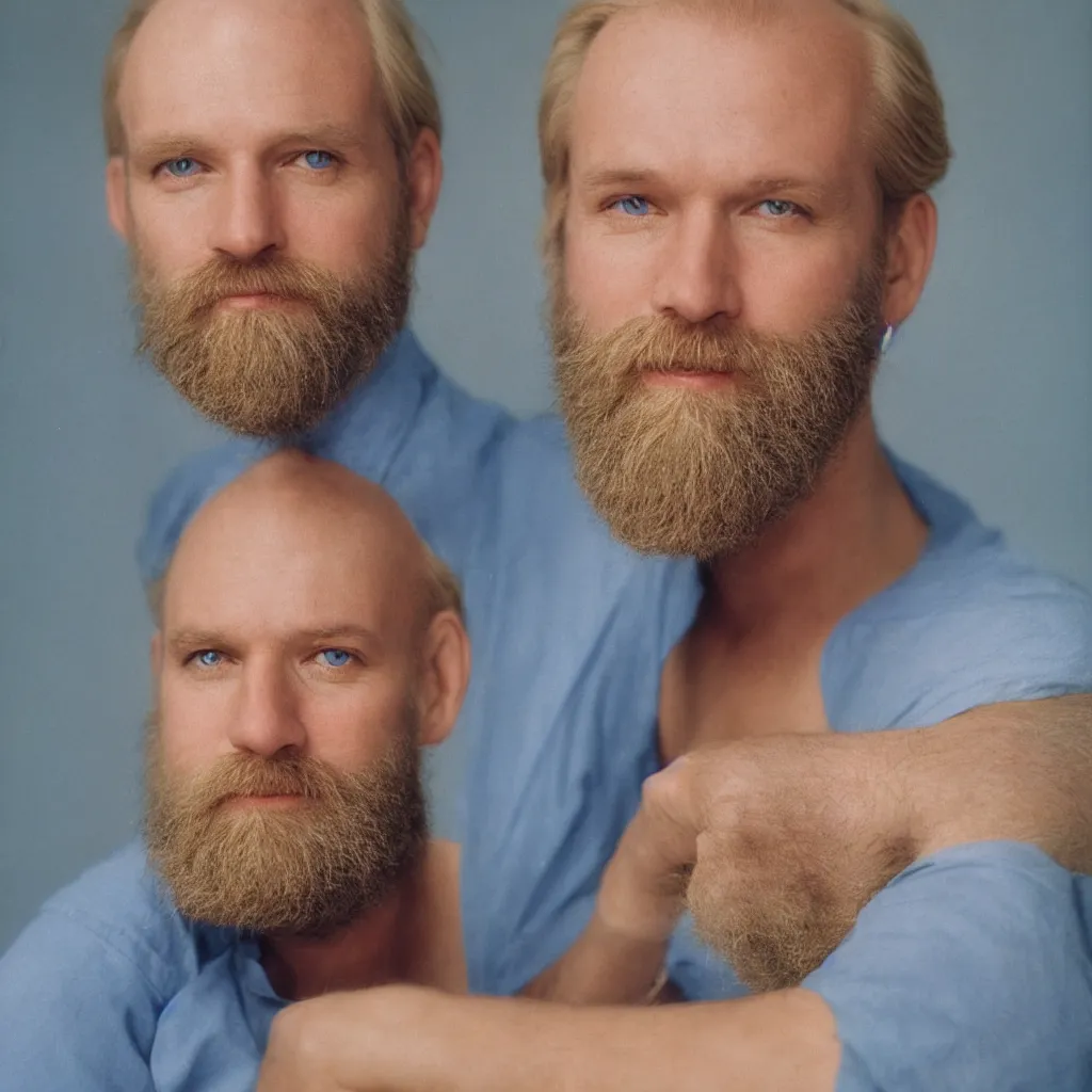 Image similar to color 35mm film still of a balding, middle aged blond man with a full blond beard and dark blue eyes, figure portrait