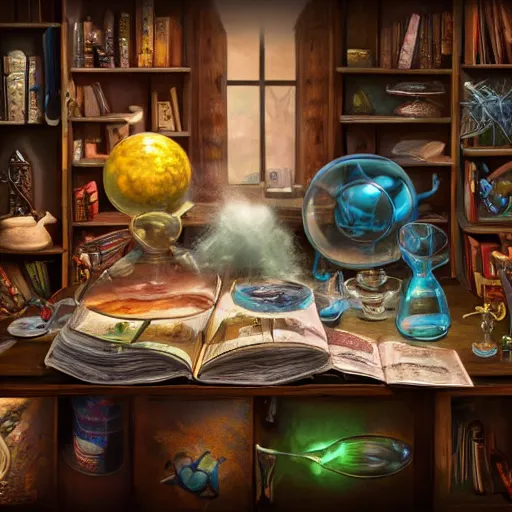 Image similar to hyper real, table, map, wizards laboratory, tony sart, mortar, pestle, scales, energy flowing, magic book, beakers of colored liquid