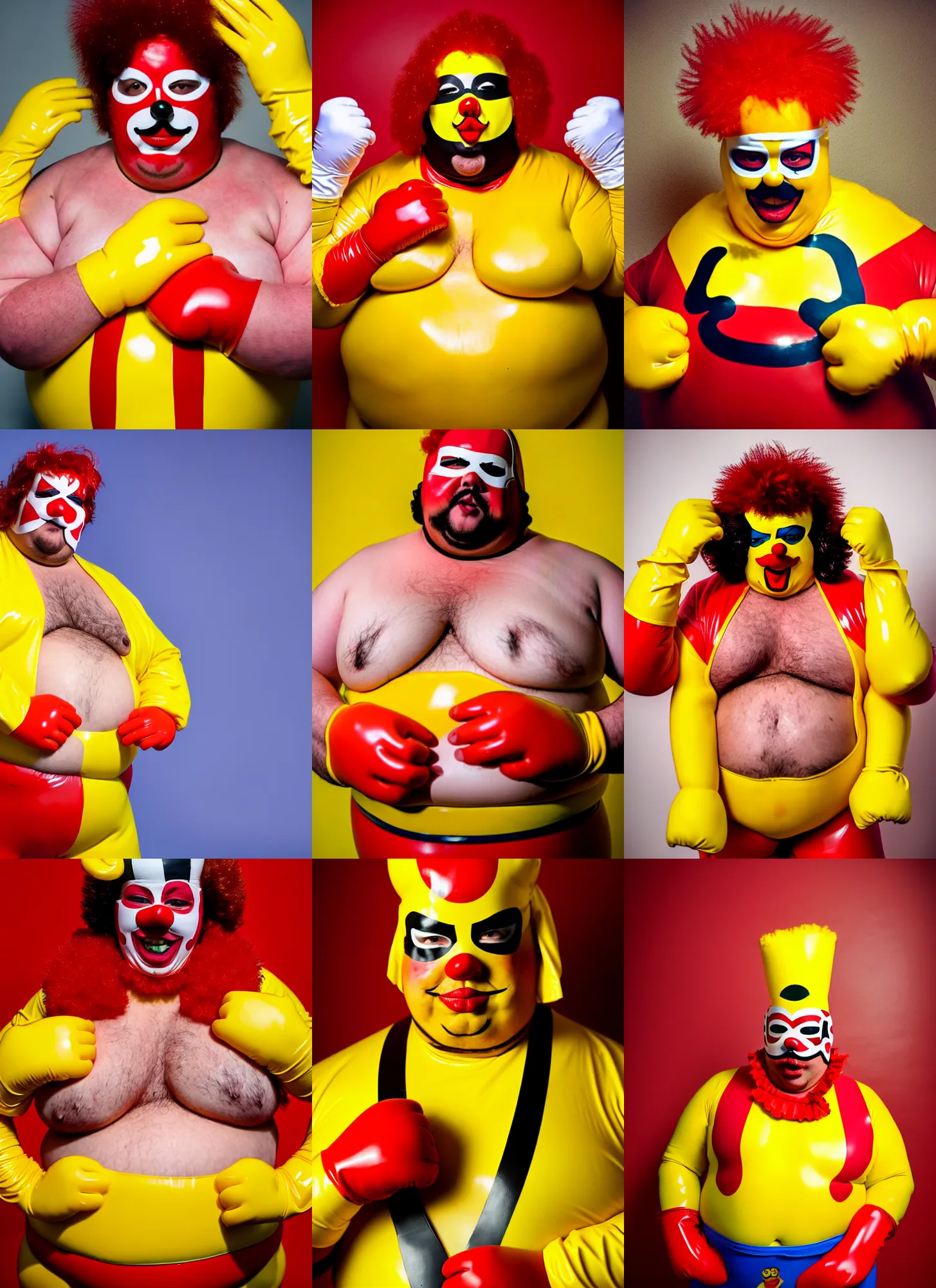 Prompt: wide angle lens portrait of a very chubby looking Lucha libre dressed in yellow and red Ronald McDonald rubber latex costume with red and white color latex sleeves and yellow latex gloves, holding a huge sloppy hamburger, bare hairy chest, red Ronald McDonald hair, photography inspired by Oleg Vdovenko