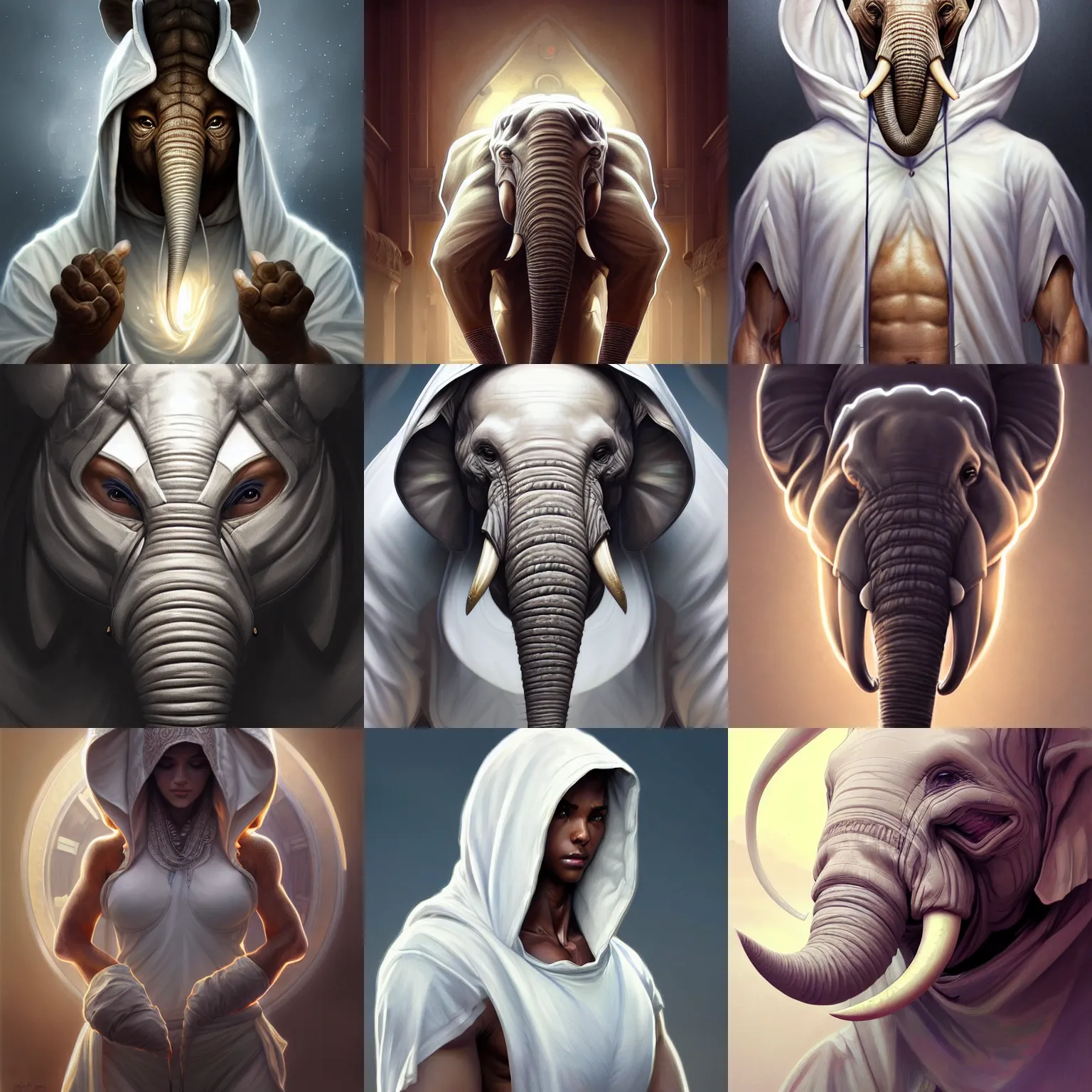 Prompt: beautiful digital painting of muscular anthropomorphic elephant in white hoodie, fantasy, intricate, beautiful eyes, cinematic lighting, highly detailed, digital painting, Artstation, concept art, smooth, sharp focus, illustration, art by Artgerm and Greg Rutkowski, Alphonse Mucha and Rossdraws