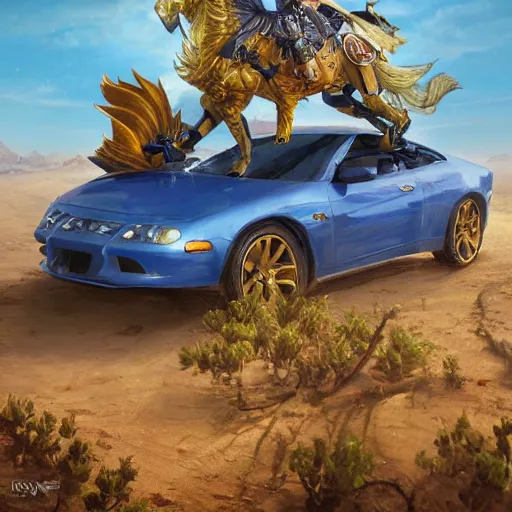 Prompt: blue knight with gold accents. on top of green car fighting dragon, desert with small trees and shrubs, painting, detailed, realistic, complimentary colors, light, by richard doyle, by robert hagan, by tim hildebrandt, artstation, cinematic, dramatic lighting, close up, wide angle, intricate design