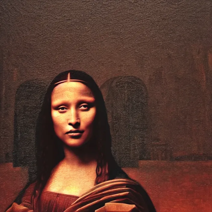 Image similar to Naomi Cambell as Mona Lisa by Elizabeth Catlett. details, smooth, sharp focus, illustration, realistic, cinematic, artstation, award winning, rgb , unreal engine, octane render, cinematic light, macro, depth of field, blur, red light and clouds from the back, highly detailed epic cinematic concept art CG render made in Maya, Blender and Photoshop, octane render, excellent composition, dynamic dramatic cinematic lighting, aesthetic, very inspirational, arthouse.