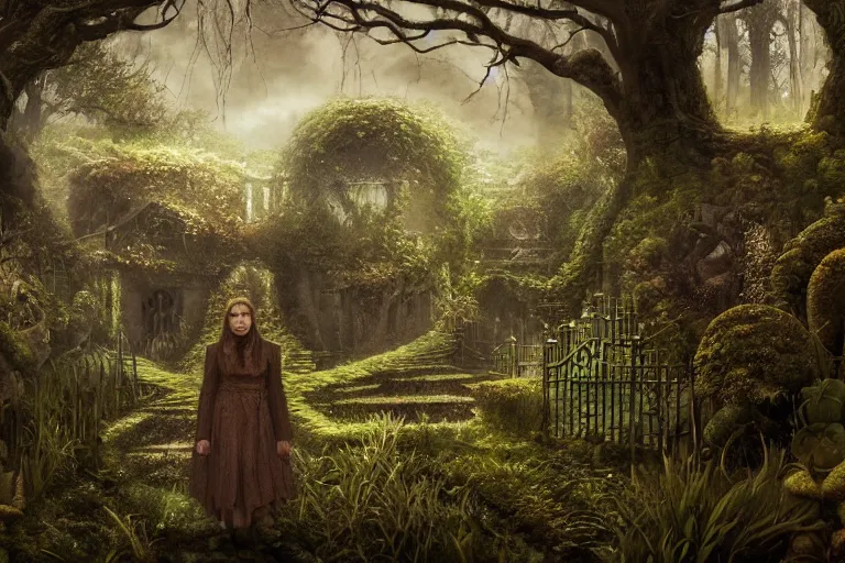 Prompt: secret garden, dark, spooky, dreamlike, in the style of pan's labyrinth movie, hyperrealistic, coherent composition, artstation, matte painting, concept art