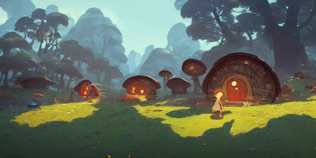 Image similar to small hobbit mushroom houses by cory loftis & akihiko yoshida & james gilleard & atey ghailan & makoto shinkai & goro fujita & studio ghibli, rim light, exquisite lighting, clear focus, very coherent, plain background, soft painting, photorealistic, unreal engine 5, 4 k