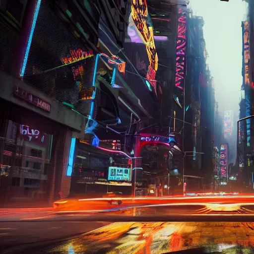 Image similar to a 3 d rendered in unreal engine guatemalan cyberpunk city with flying cars with neon ads and signs with evocative dramatic mood with blade runner vibe with cars and floating vehicles with motion blur with depth of field with bloom with lightshaft with volumetric lights, fog, by jeremy mann, oscar winning graphics, photo realistic, bloom, imax, dynamic lighting, artstation,