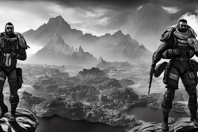 Prompt: gigachad in apex legends, ingame screenshot, black and white, high detail